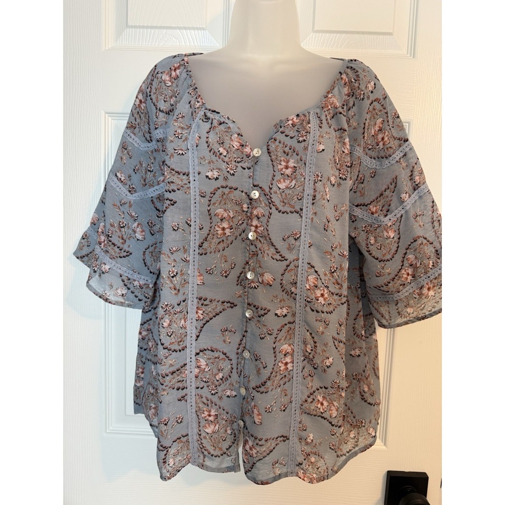 Knox Rose Blue Floral Paisley Peasant Blouse XL Boho Lace Trim Button Front Top